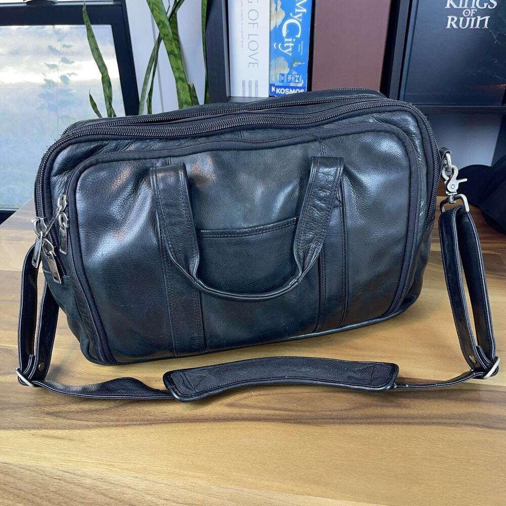 Vintage Black Leather Messenger Office Laptop Shoulder Bag Compartments